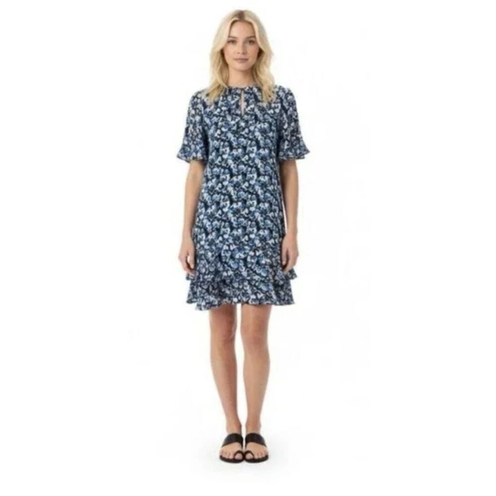 REISS Blue Lulu Ditsy Flippy Drop Waist Mini Dress Short Sleeve Flutter Medium 8